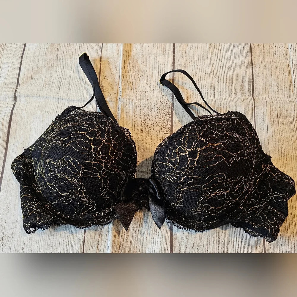Aerie •Size 34C• Limited Edition Black Gold Underwire Lace Bra w/ Bow Accent